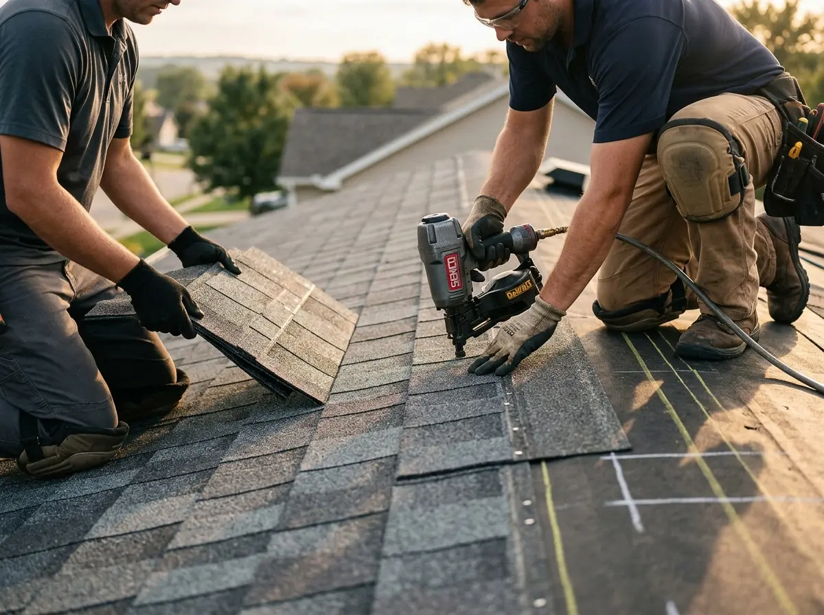 Professional roofer working on a residential roof in Bainbridge